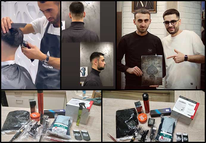 Wounded soldier Areg baghishyan completed his barber course