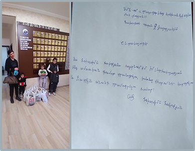 Food and gifts for Easter for the family of Gevorg Darbinyan and a thank you note.