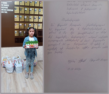 Food and gifts for Easter for the family of Tigran Mnatsakanyan and a thank you note.